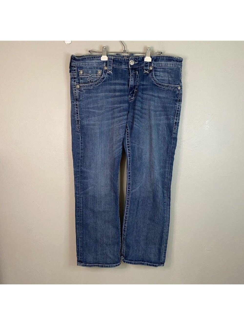 Rock Revival Ryker Straight Leg Jeans size 38 Blue Distressed Embroidery Grunge